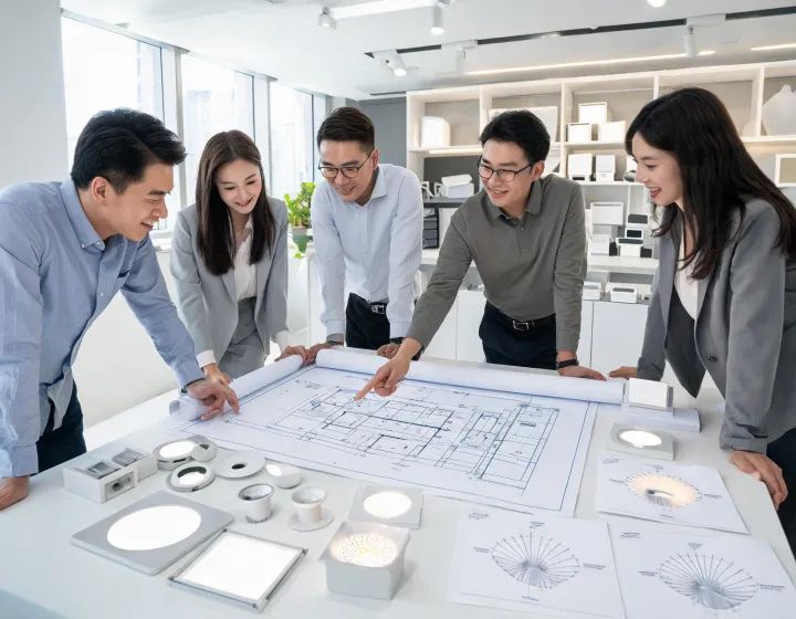 Schreder application team reviewing a ceiling plan