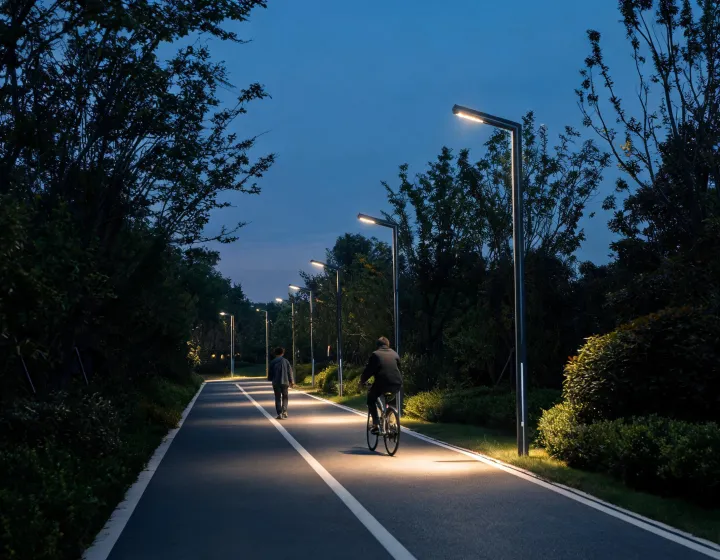 Public pedestrian route with controlled outdoor illumination