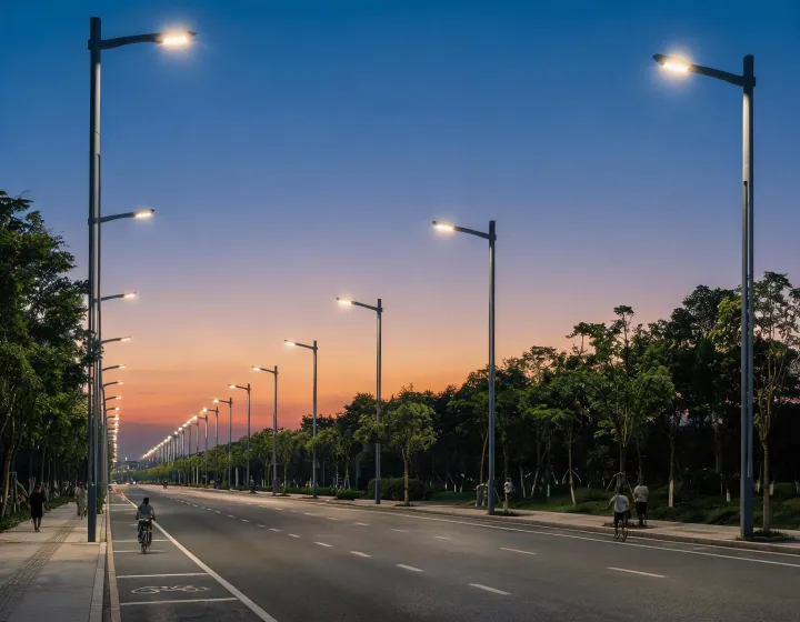 Schreder roadway luminaires along a civic boulevard